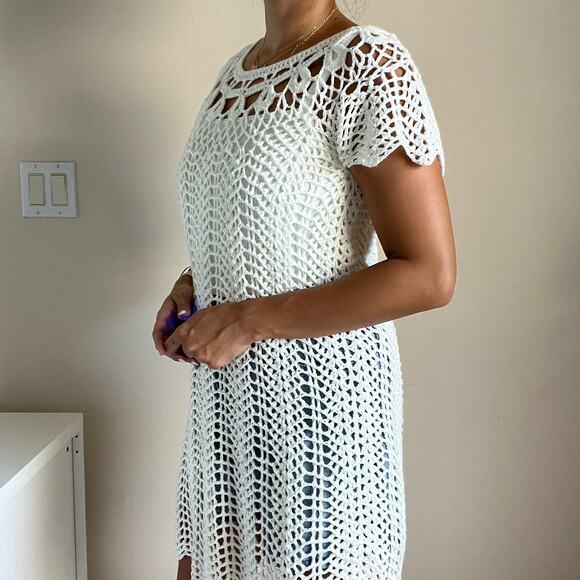 Mumu Mellow Crochet The Day Away Beige Cream Short Sleeve Dress Coverup Size M - Picture 11 of 11